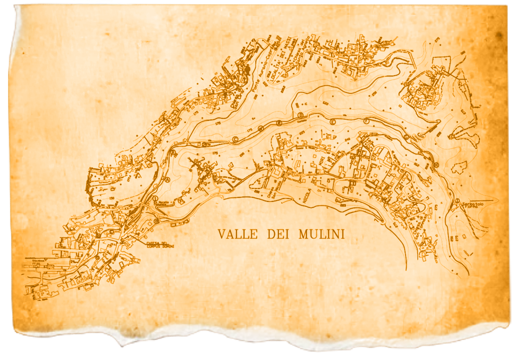 Antique parchment map of the Valle dei Mulini in Gragnano