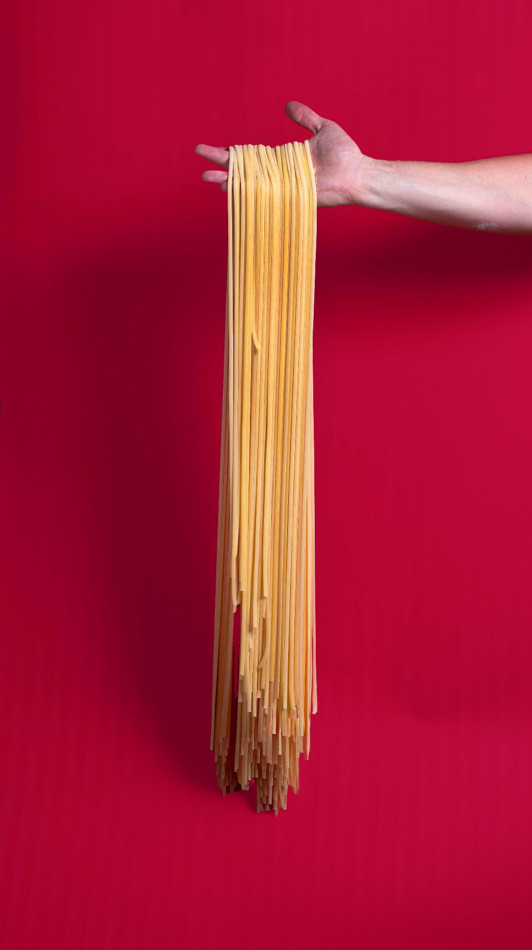 Hand holding spaghetti against red
